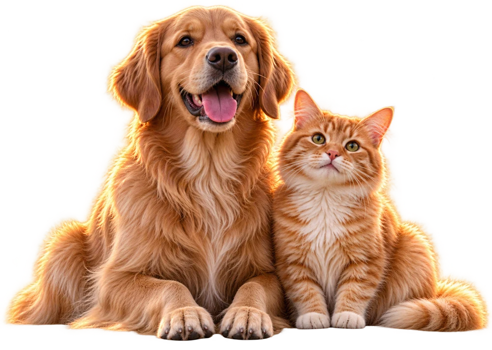 A golden retriever and a ginger cat sitting together.